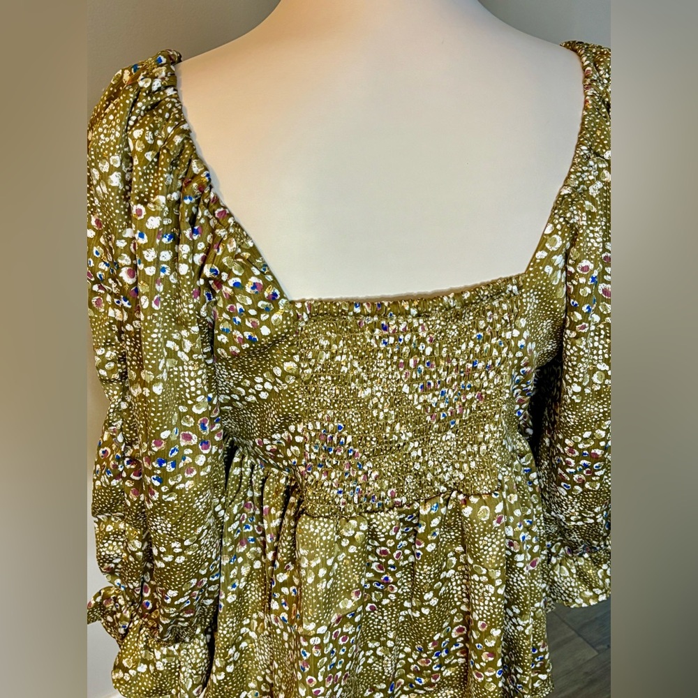 Angie Boho Babydoll Blouse NWT Women’s Olive V neck Peasant Top size L - Picture 9 of 16